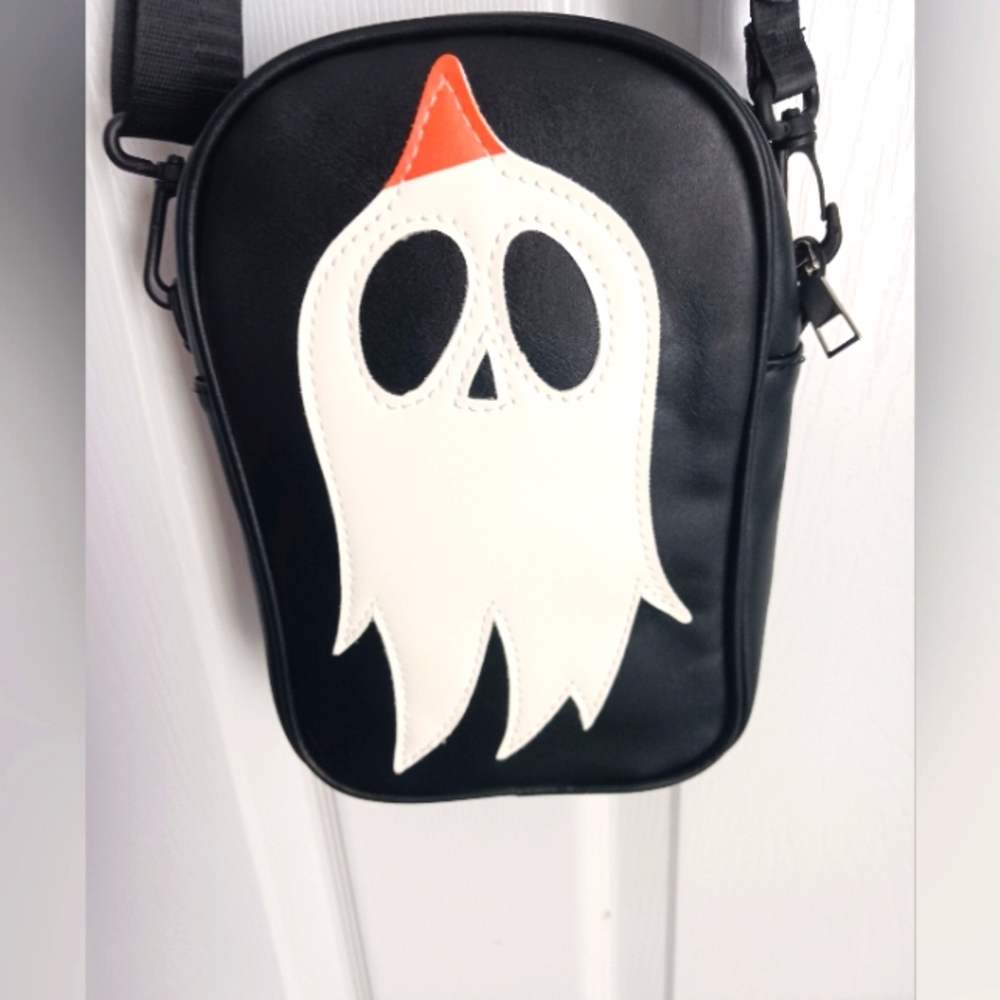 Ghost Black  Goth Crossbody Bag Vegan Leather Shoulder Bag+ Patch - Picture 6 of 16